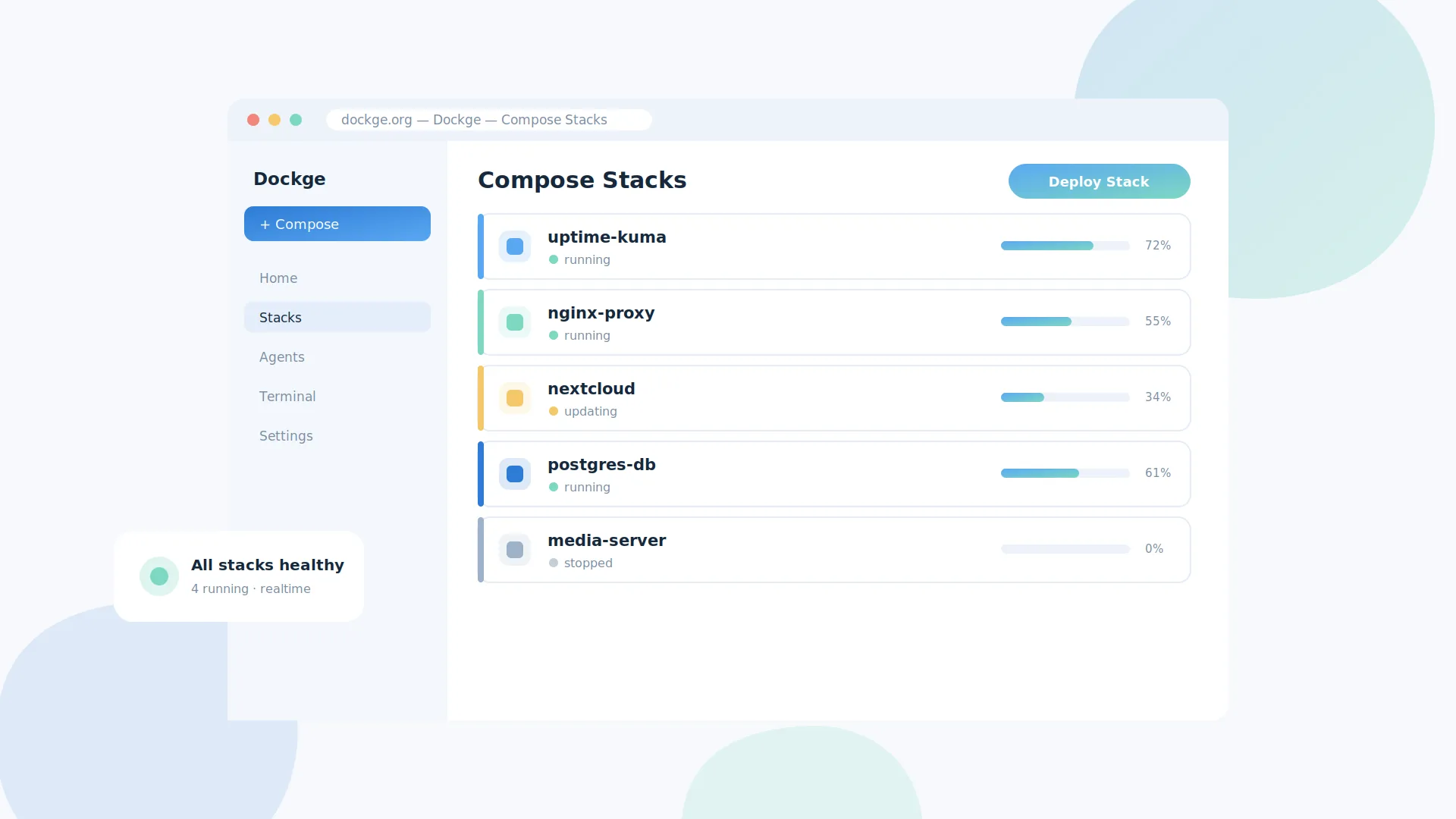 Dockge dashboard managing Docker compose stacks