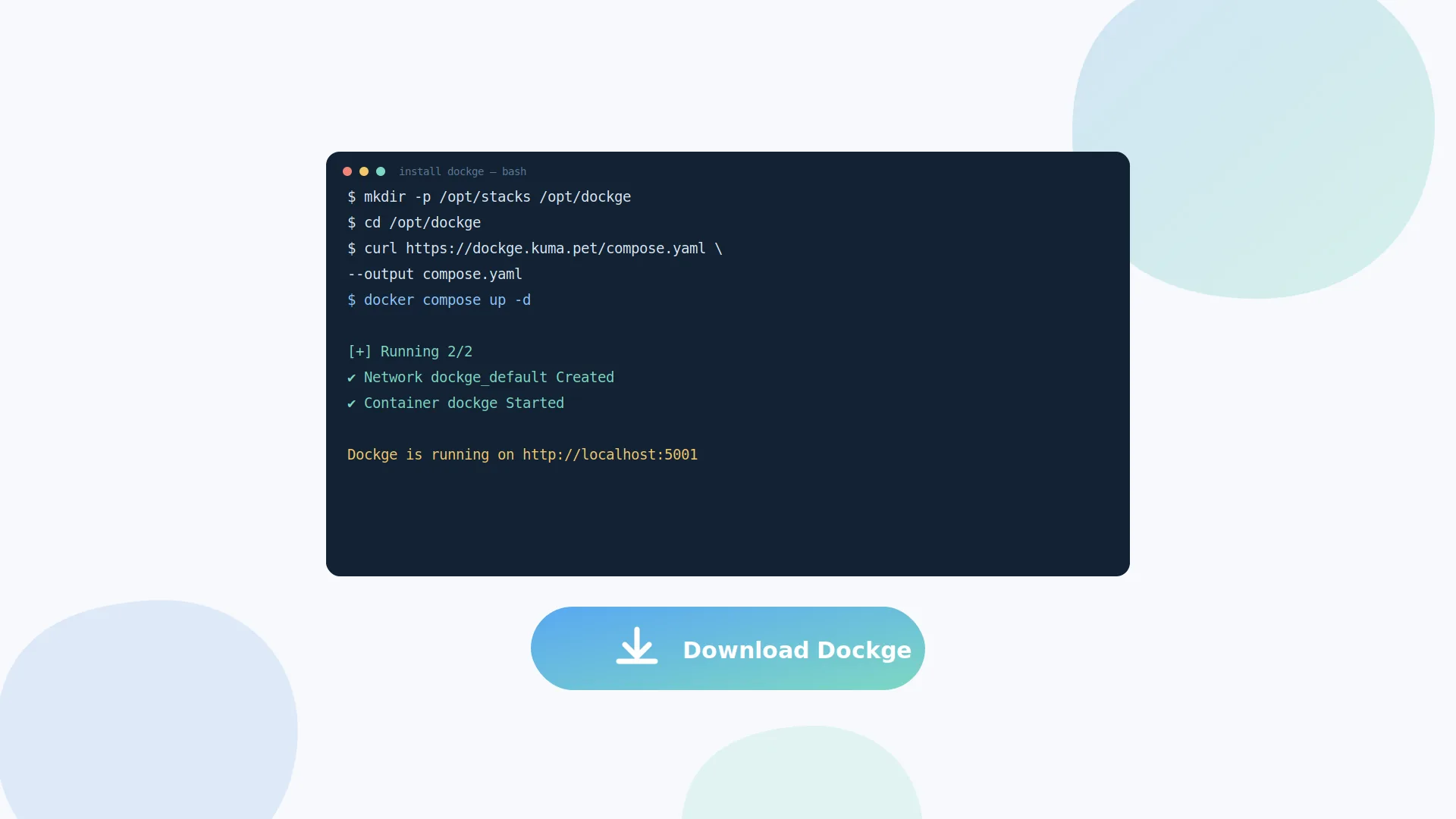 Terminal showing the Dockge download and install commands